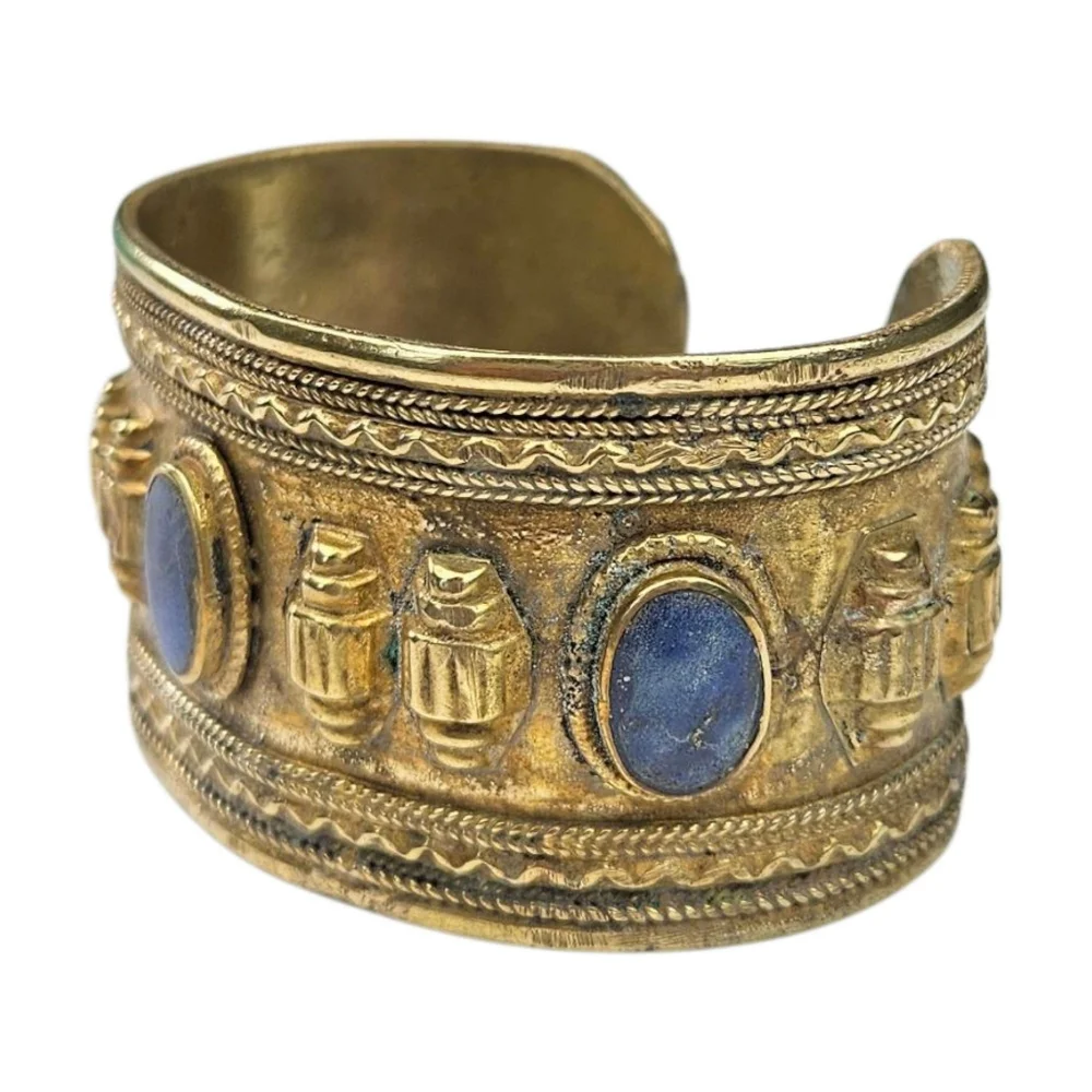 Afghan Peshawar Lapis Lazuli Cuff Bracelet Gilt Brass Blue Ethnic Vintage ~6.5" - Picture 4 of 11